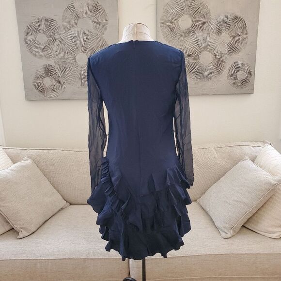 Grey JASON WU Silk Long Sleeve Ruffle Dress - size 4 in Midnight Blue - Picture 9 of 13